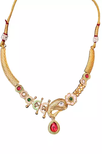 Enamel work paisley design necklace set with green and red stones