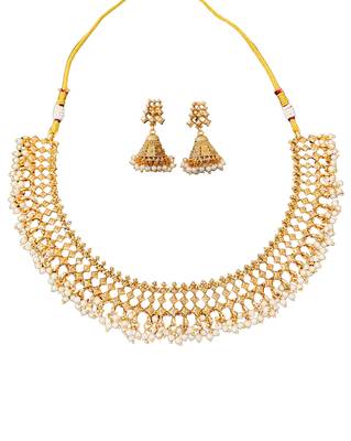 Elegant gold plated pearl choker necklace set with jhumka earrings     handcrafted jewelry for women 4