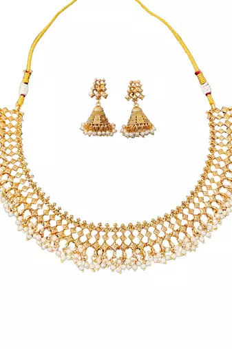 Elegant gold plated pearl choker necklace set with jhumka earrings     handcrafted jewelry for women