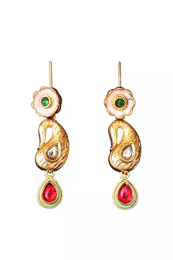 Enamel work paisley design necklace set with green and red stones