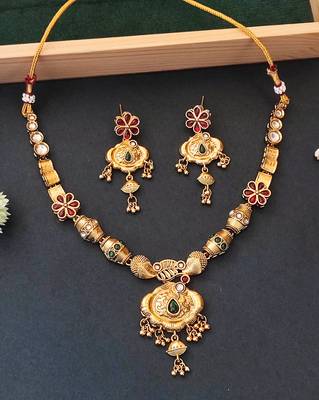 Ethnic gold floral necklace set with red and green enamel accents 1