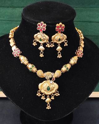 Ethnic gold floral necklace set with red and green enamel accents 3