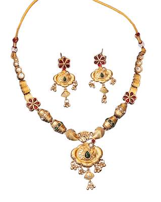 Ethnic gold floral necklace set with red and green enamel accents 4