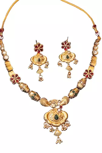 Ethnic gold floral necklace set with red and green enamel accents