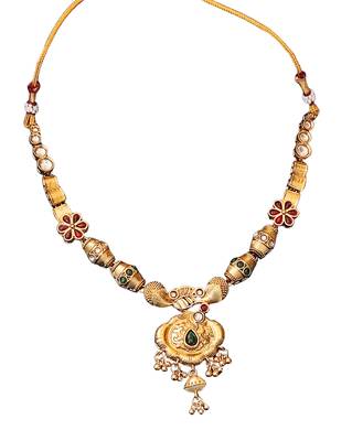Ethnic gold floral necklace set with red and green enamel accents 5