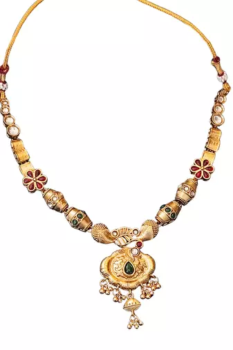 Ethnic gold floral necklace set with red and green enamel accents