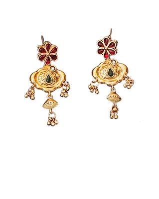 Ethnic gold floral necklace set with red and green enamel accents 6