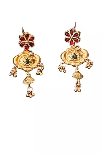 Ethnic gold floral necklace set with red and green enamel accents