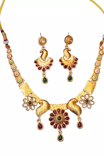 Peacock inspired ethnic necklace set with floral and stone detailing