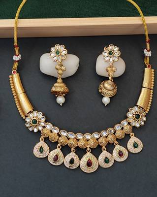 Designer floral drop necklace set with white and multicolor pearls 1