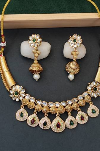 Designer floral drop necklace set with white and multicolor pearls