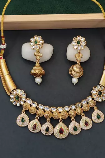 Designer floral drop necklace set with white and multicolor pearls