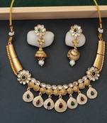 Designer floral drop necklace set with white and multicolor pearls
