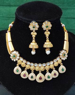 Designer floral drop necklace set with white and multicolor pearls 3