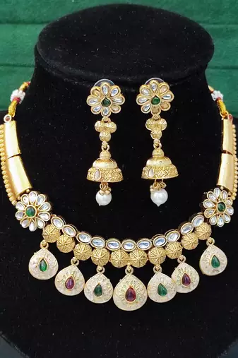 Designer floral drop necklace set with white and multicolor pearls