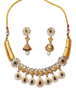 Designer floral drop necklace set with white and multicolor pearls 4