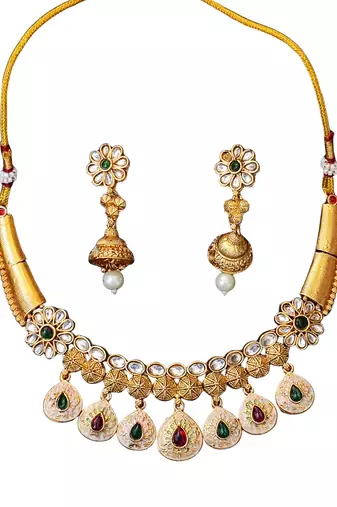 Designer floral drop necklace set with white and multicolor pearls