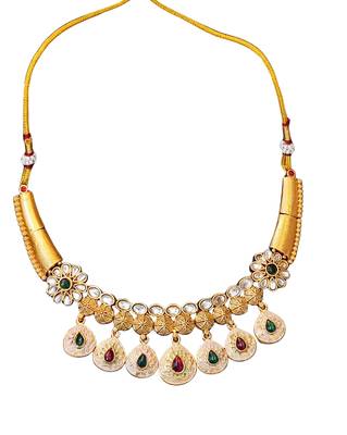 Designer floral drop necklace set with white and multicolor pearls 5