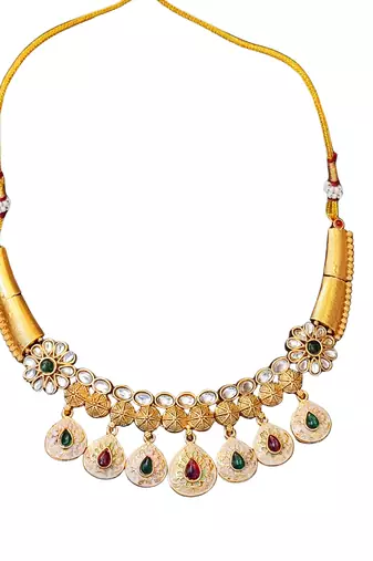 Designer floral drop necklace set with white and multicolor pearls