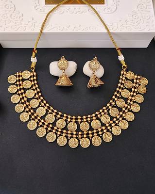 Lakshmiji coin gold plated necklace set with jhumka earrings     traditional temple jewelry for her 1