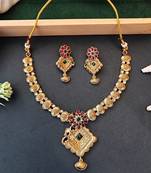 Floral pendant antique necklace set with ruby and green stones