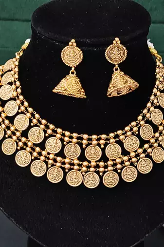 Lakshmiji coin gold plated necklace set with jhumka earrings     traditional temple jewelry for her