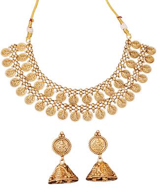 Lakshmiji coin gold plated necklace set with jhumka earrings     traditional temple jewelry for her 4
