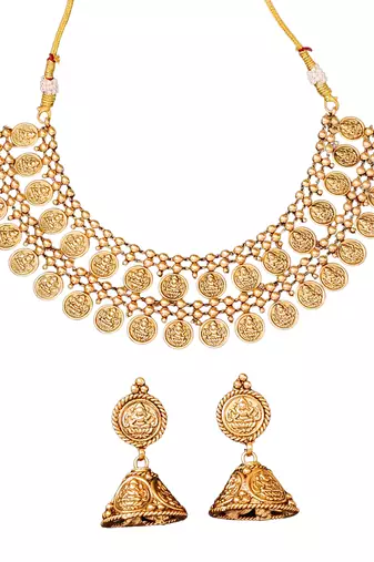 Lakshmiji coin gold plated necklace set with jhumka earrings     traditional temple jewelry for her