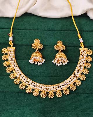 Gold plated pearl necklace set with jhumka earrings for women, jewelry for all occasions 1