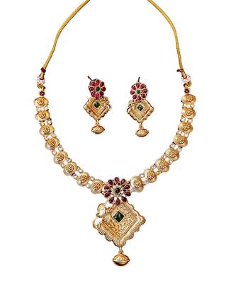 Floral pendant antique necklace set with ruby and green stones 4