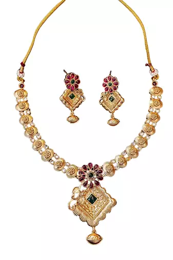 Floral pendant antique necklace set with ruby and green stones