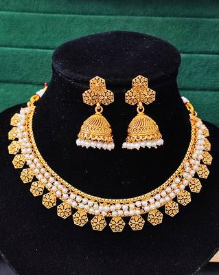 Gold plated pearl necklace set with jhumka earrings for women, jewelry for all occasions 3