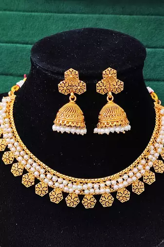 Gold plated pearl necklace set with jhumka earrings for women, jewelry for all occasions