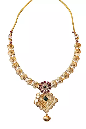Floral pendant antique necklace set with ruby and green stones