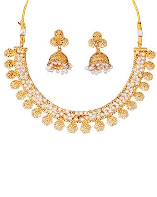 Gold plated pearl necklace set with jhumka earrings for women, jewelry for all occasions 4