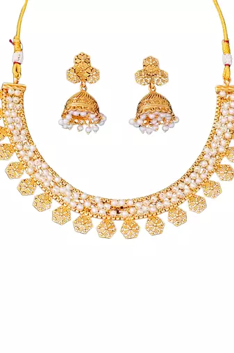Gold plated pearl necklace set with jhumka earrings for women, jewelry for all occasions