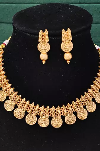 Temple jewelry style with lakshmiji motif     ethnic indian design for special occasions, lightweight & comfortable wear