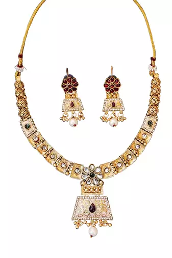 Temple inspired bell pendant necklace set with pearl drops