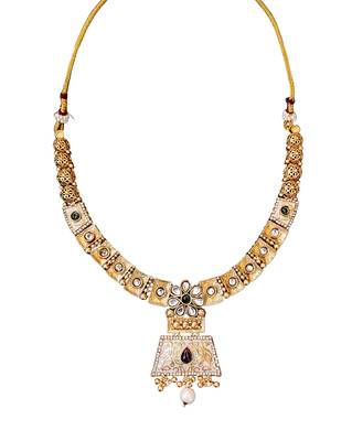 Temple inspired bell pendant necklace set with pearl drops 5