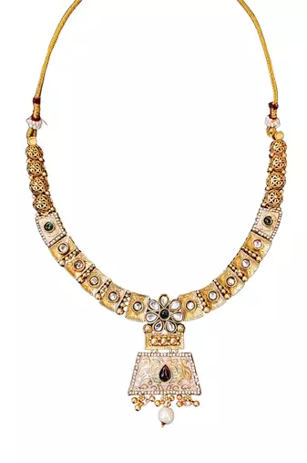 Temple inspired bell pendant necklace set with pearl drops