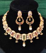 Square cluster gemstone necklace set with pearl and kundan detail