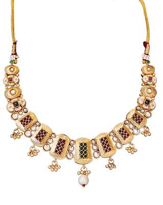 Square cluster gemstone necklace set with pearl and kundan detail 5