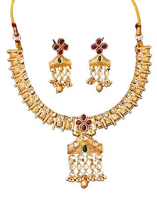 Traditional floral pendant necklace set with red and green stones and dangling beads 4