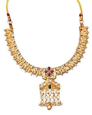 Traditional floral pendant necklace set with red and green stones and dangling beads 5
