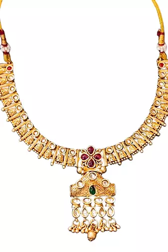 Traditional floral pendant necklace set with red and green stones and dangling beads