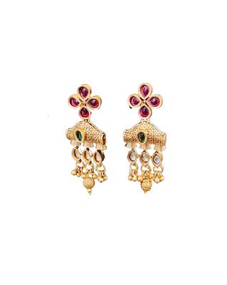 Traditional floral pendant necklace set with red and green stones and dangling beads 6