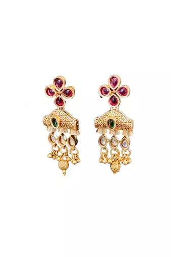 Traditional floral pendant necklace set with red and green stones and dangling beads