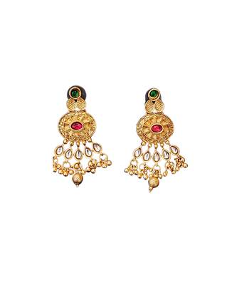 Beautiful gold-plated kundan necklace and earrings set with red and green stones, pearl accents for her 6