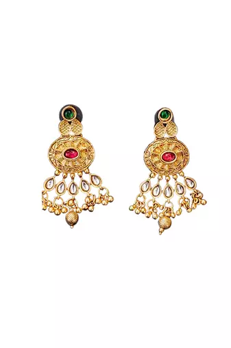 Beautiful gold-plated kundan necklace and earrings set with red and green stones, pearl accents for her