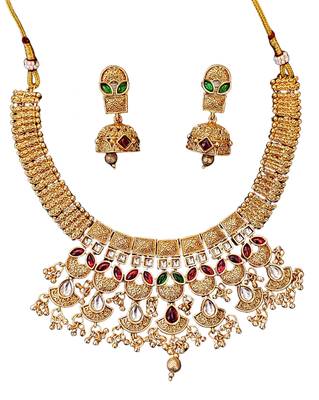 Traditional kundan choker necklace set with red and green stones, gold-plated jhumka earrings 4
